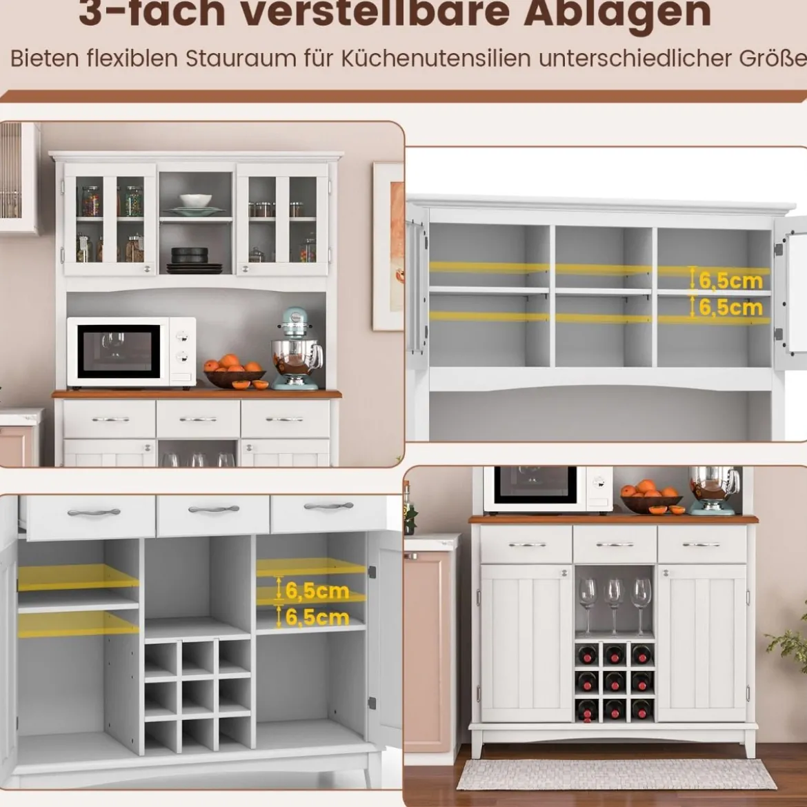 Küchenschrank mit 3 Schubladen & Weinregal & Offenen Regalen & Arbeitsplatte