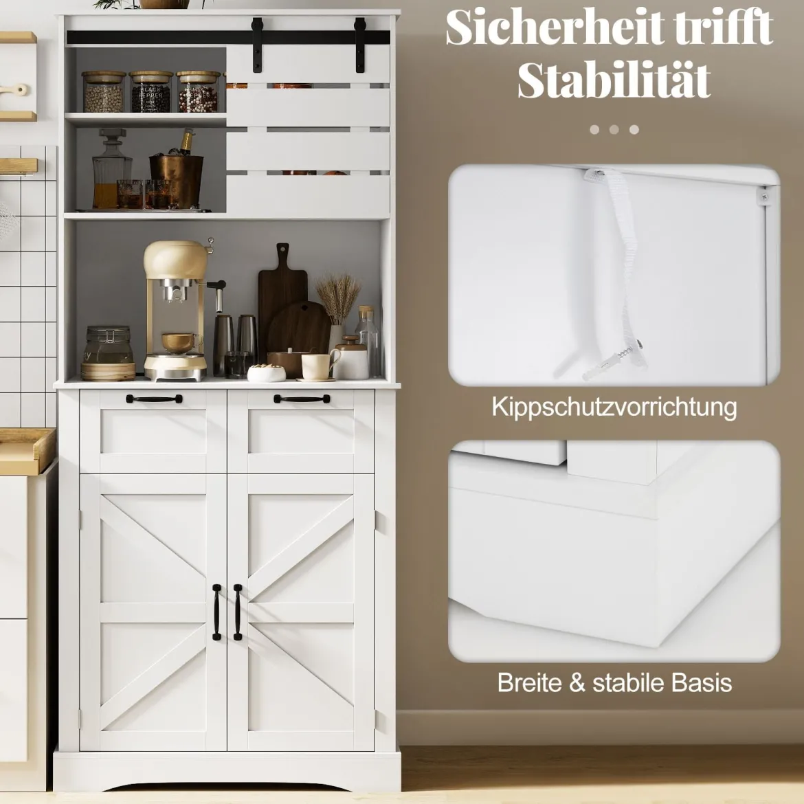 Küchenschrank mit Steckdose hoher Mehrzweckschrank mit Türen Schubladen & verstellbarem RegalWeiß