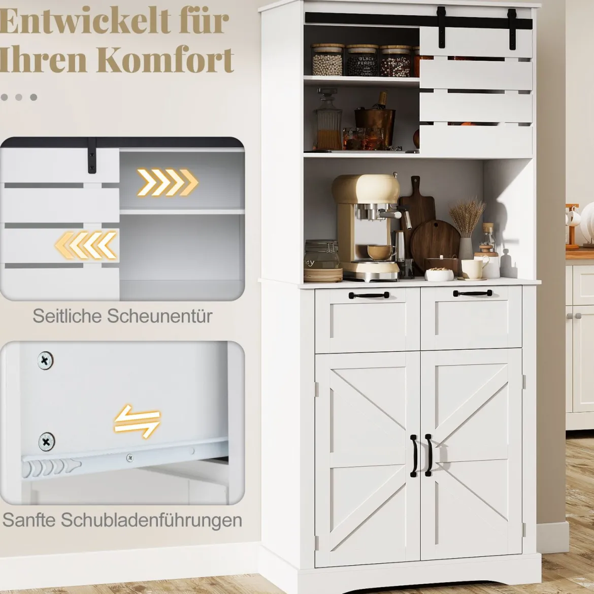 Küchenschrank mit Steckdose hoher Mehrzweckschrank mit Türen Schubladen & verstellbarem RegalWeiß