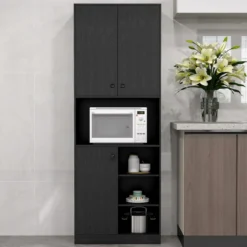 Küchenschrank mit 3 Türen & Offenen Regalen Buffetschrank mit Arbeitsplatte Hochschrank Schwarz