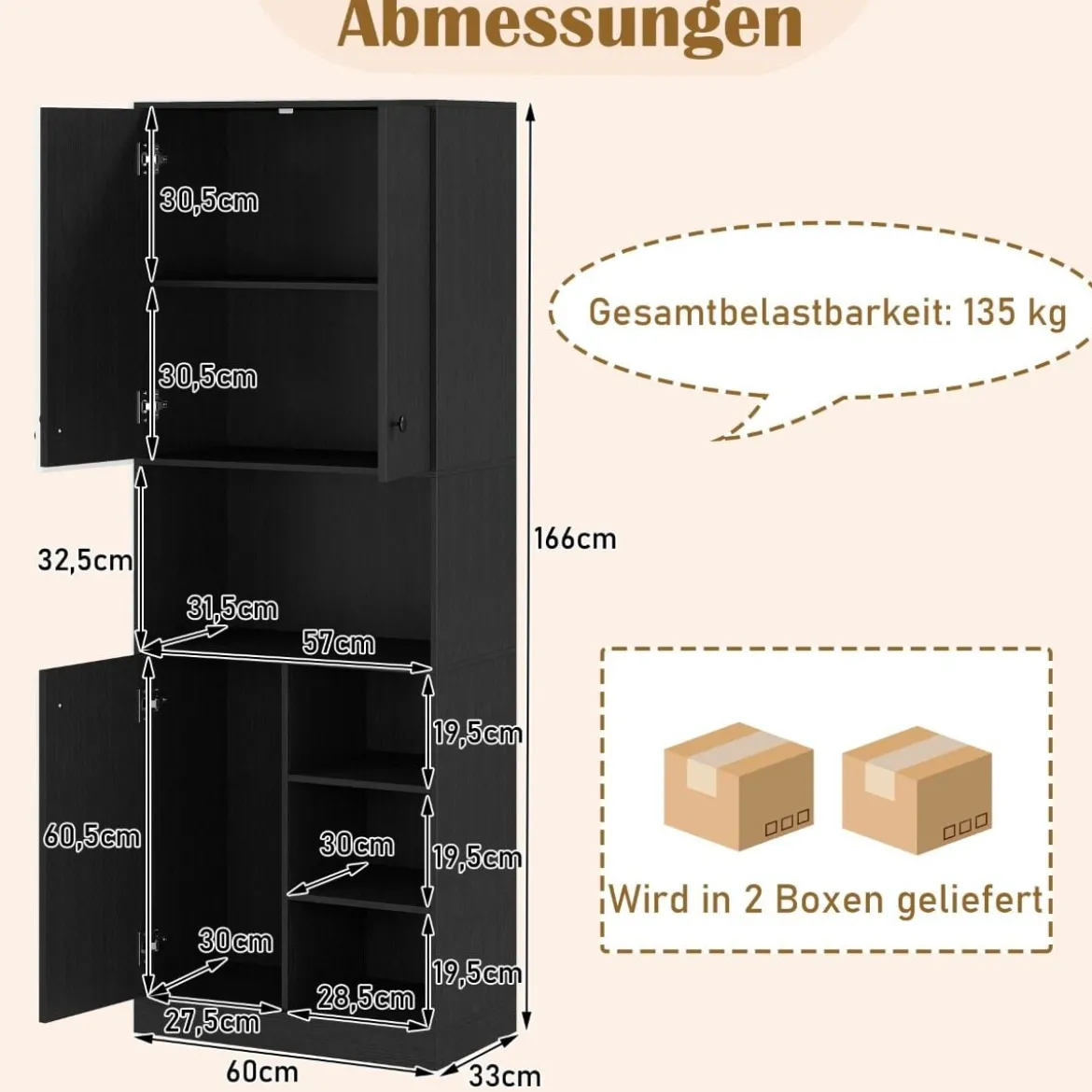 Küchenschrank mit 3 Türen & Offenen Regalen Buffetschrank mit Arbeitsplatte Hochschrank Schwarz