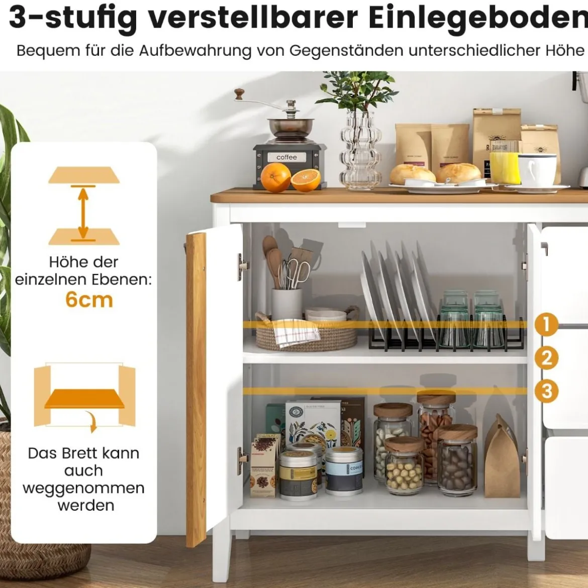 Küchenschrank mit 2 Türen & 3 Schubladen Holz Sideboard Buffetschrank 106 x 40 x 80 cm