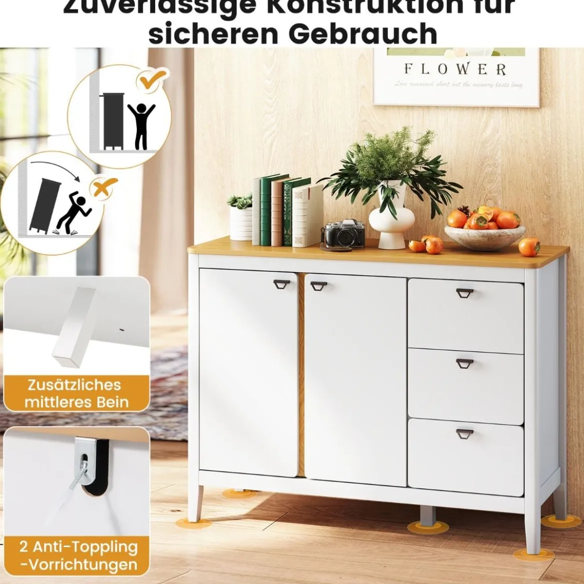 Küchenschrank mit 2 Türen & 3 Schubladen Holz Sideboard Buffetschrank 106 x 40 x 80 cm