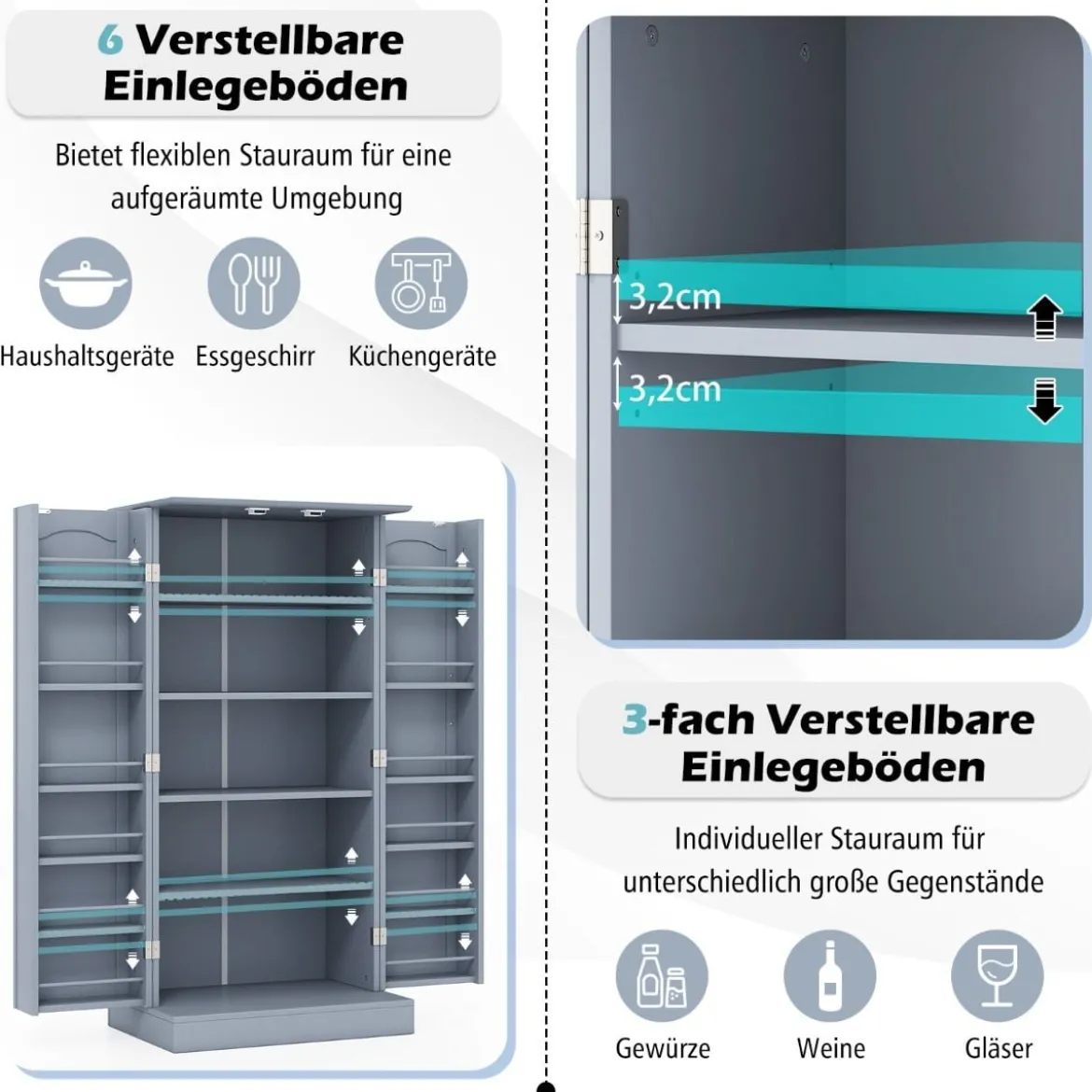Küchenschrank mit 2 Türen & 6 Verstellbaren Einlegeböden Vorratsschrank 60 x 40 x 120,5 cm