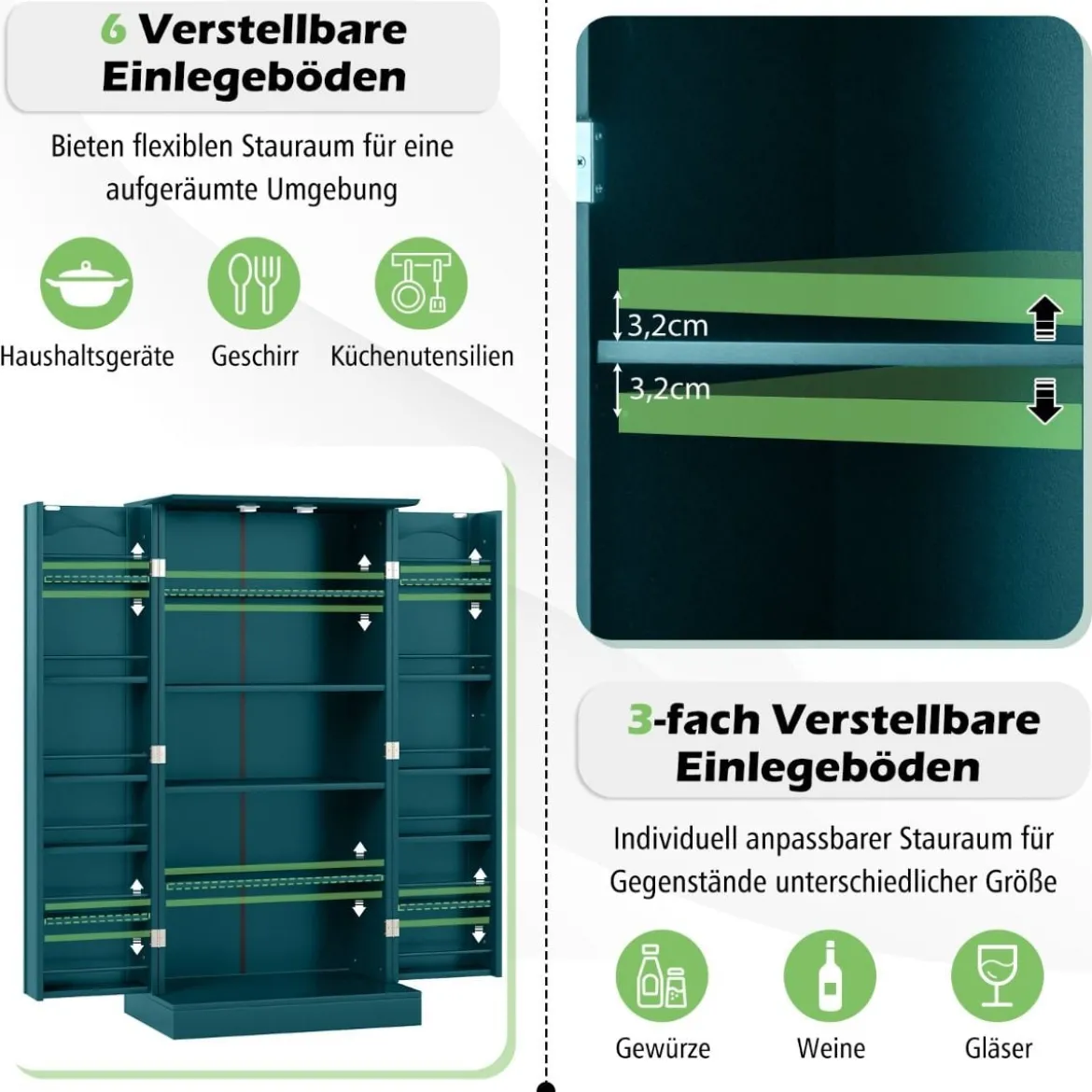 Küchenschrank mit 2 Türen & 6 Verstellbaren Einlegeböden Vorratsschrank 60 x 40 x 120,5 cm
