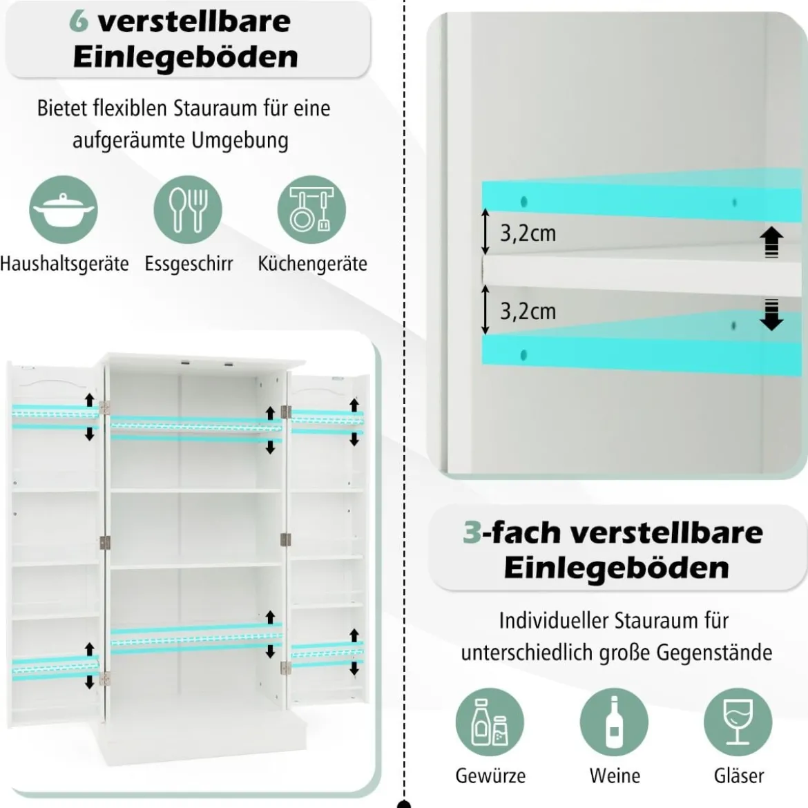 Küchenschrank mit 2 Türen & 6 Verstellbaren Einlegeböden Vorratsschrank 60 x 40 x 120,5 cm