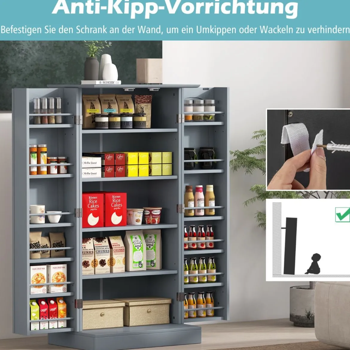 Küchenschrank mit 2 Türen & 6 Verstellbaren Einlegeböden Vorratsschrank 60 x 40 x 120,5 cm