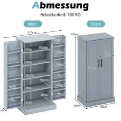 Küchenschrank mit 2 Türen & 6 Verstellbaren Einlegeböden Vorratsschrank 60 x 40 x 120,5 cm