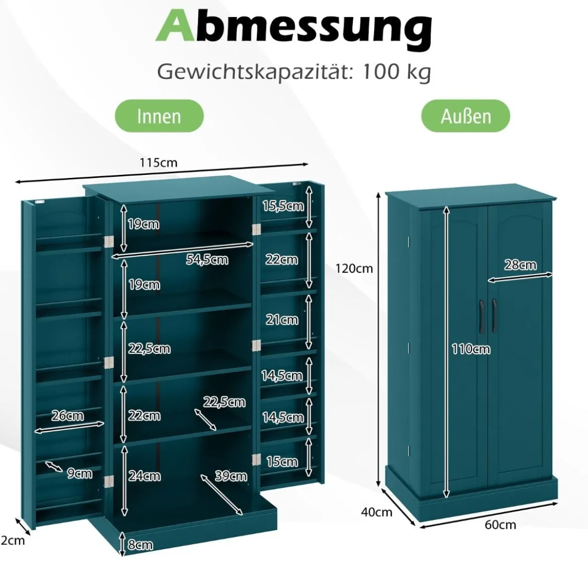 Küchenschrank mit 2 Türen & 6 Verstellbaren Einlegeböden Vorratsschrank 60 x 40 x 120,5 cm