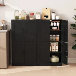 Küchenschrank mit 4 Türen & Verstellbaren Regalen Buffetschrank Vorratsschrank Schwarz