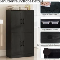 Küchenschrank mit 4 Türen & Verstellbaren Regalen Buffetschrank Vorratsschrank Schwarz