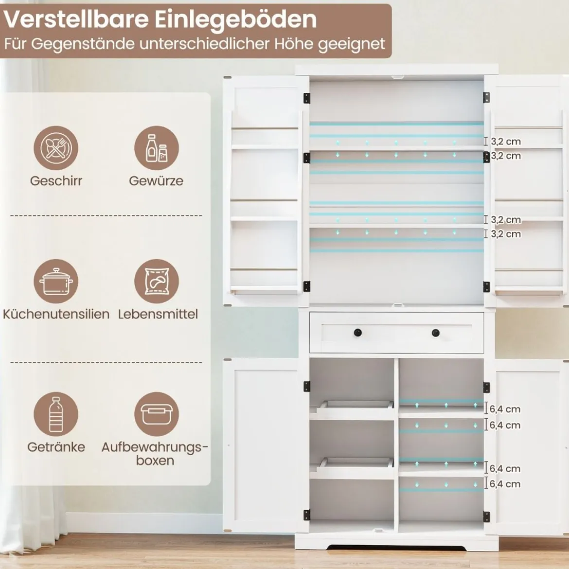 Küchenschrank mit 4 Verstellbaren Einlegeböden & Großer Schublade & 4 Türen Buffetschrank Weiß
