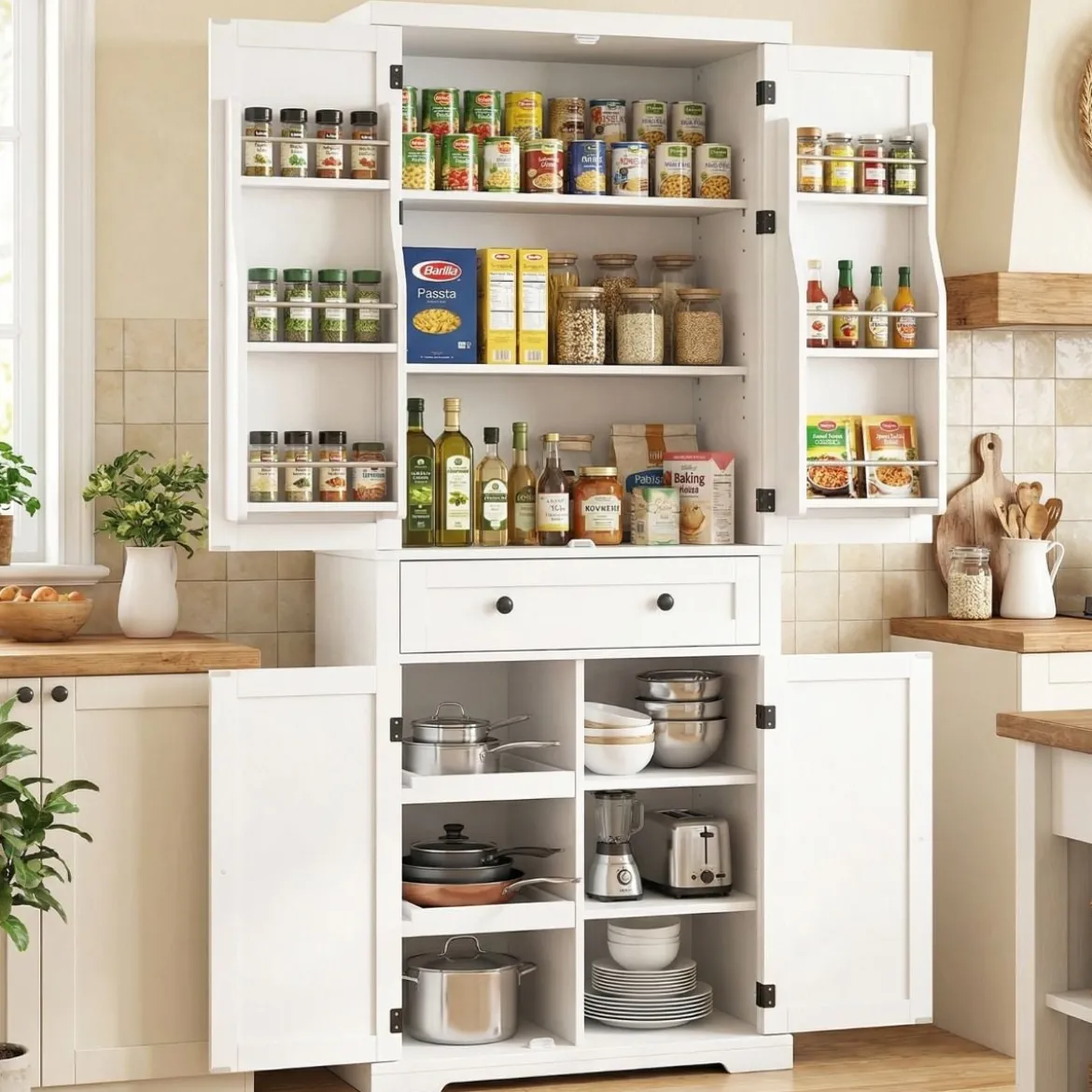 Küchenschrank mit 4 Verstellbaren Einlegeböden & Großer Schublade & 4 Türen Buffetschrank Weiß