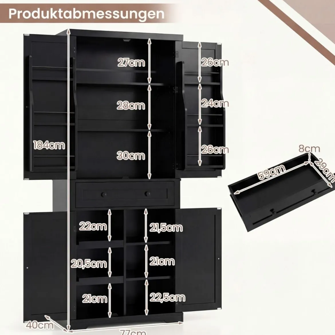 Küchenschrank mit 4 Verstellbaren Einlegeböden & Großer Schublade & 4 Türen Buffetschrank Schwarz