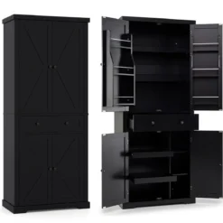 Küchenschrank mit 4 Verstellbaren Einlegeböden & Großer Schublade & 4 Türen Buffetschrank Schwarz