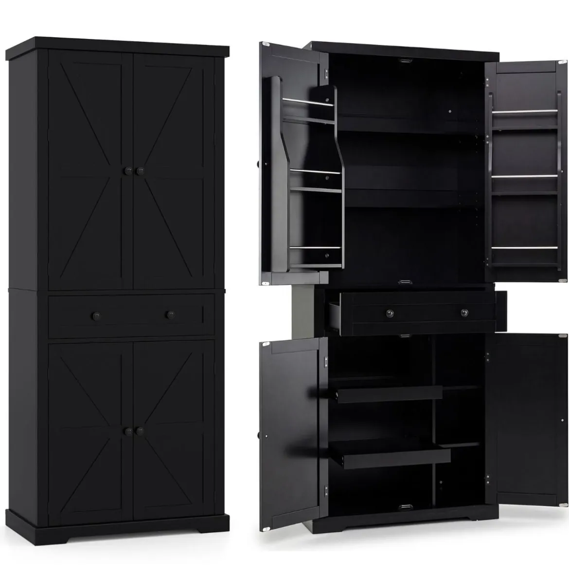 Küchenschrank mit 4 Verstellbaren Einlegeböden & Großer Schublade & 4 Türen Buffetschrank Schwarz
