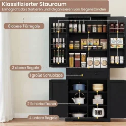 Küchenschrank mit 4 Verstellbaren Einlegeböden & Großer Schublade & 4 Türen Buffetschrank Schwarz