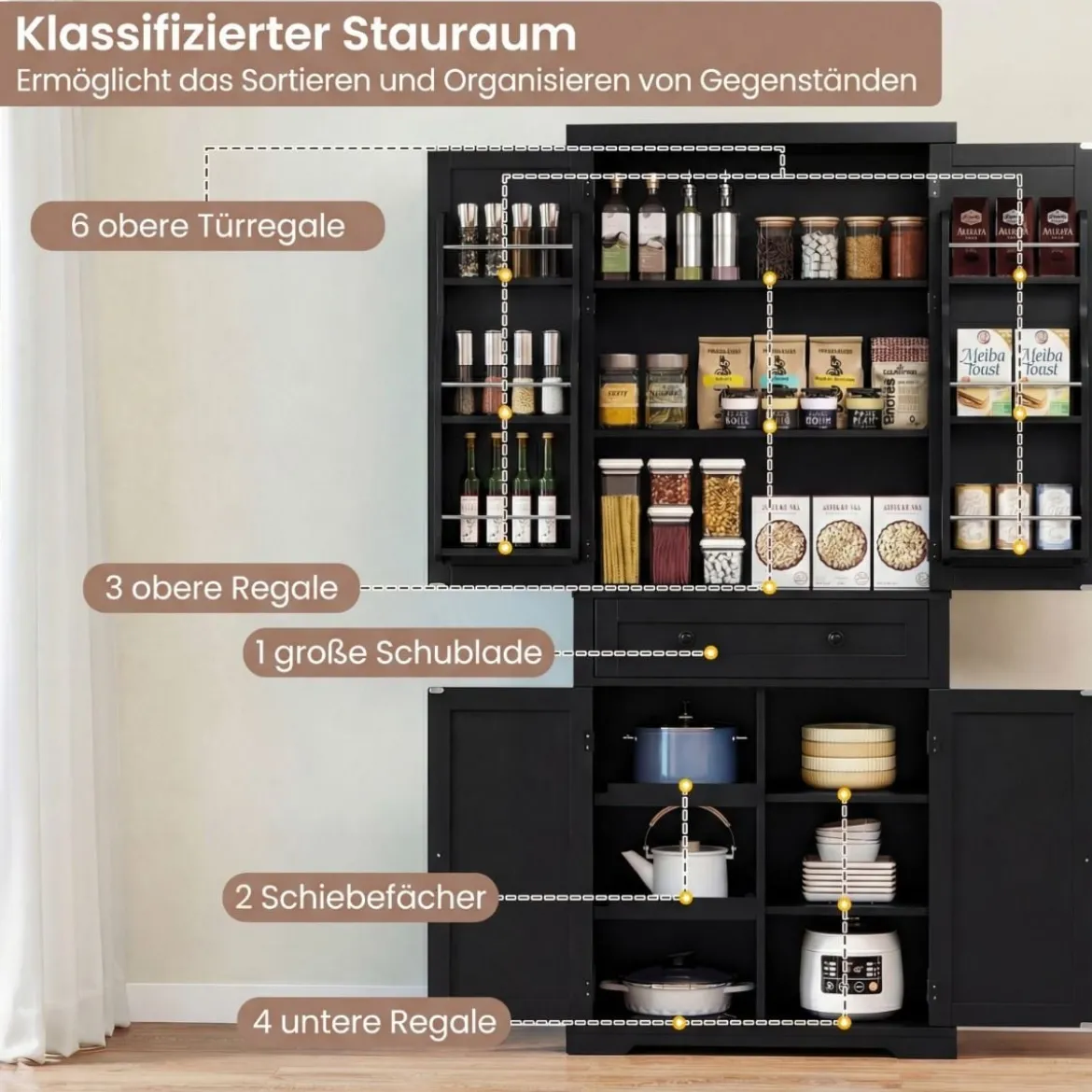 Küchenschrank mit 4 Verstellbaren Einlegeböden & Großer Schublade & 4 Türen Buffetschrank Schwarz