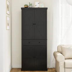 Küchenschrank mit 4 Verstellbaren Einlegeböden & Großer Schublade & 4 Türen Buffetschrank Schwarz