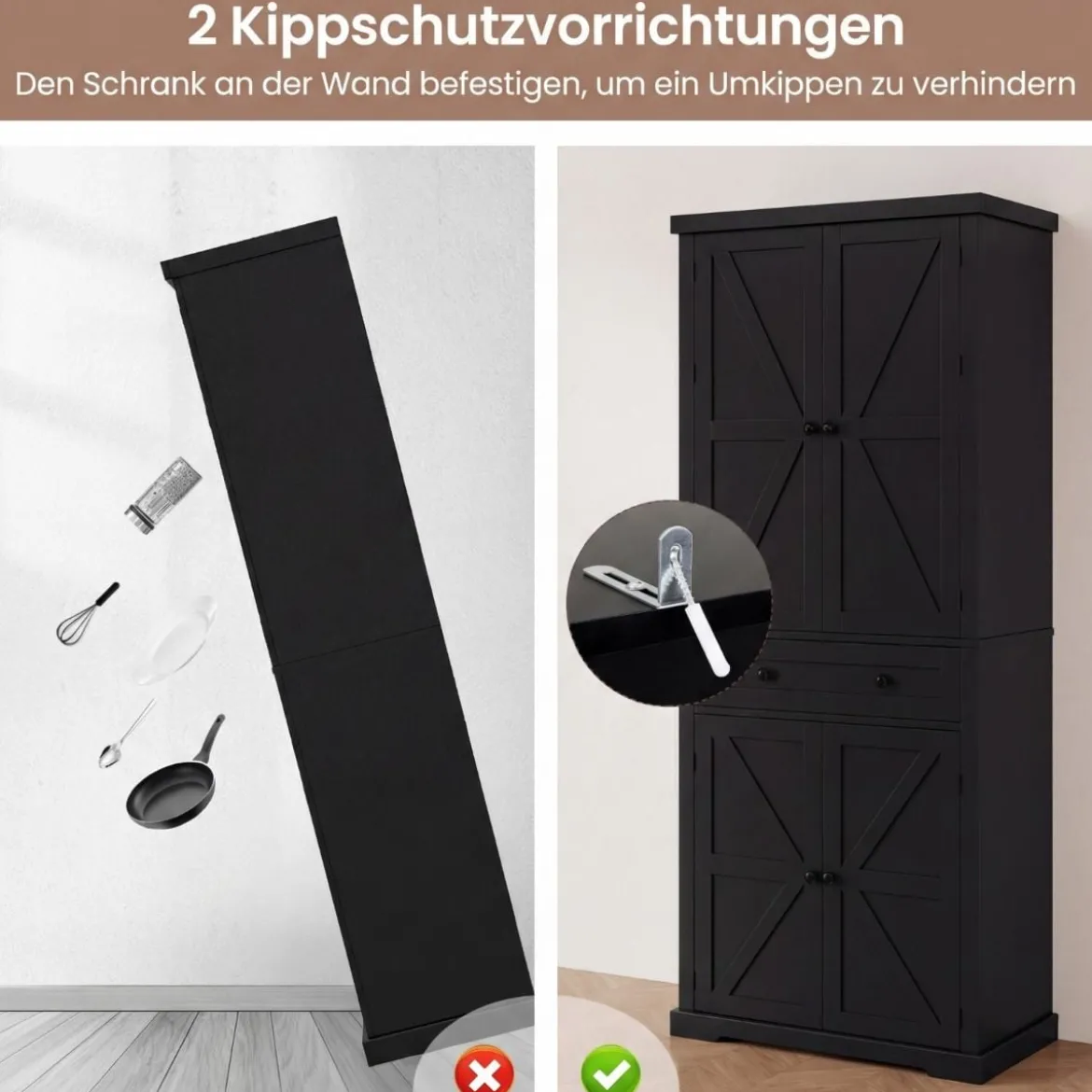 Küchenschrank mit 4 Verstellbaren Einlegeböden & Großer Schublade & 4 Türen Buffetschrank Schwarz