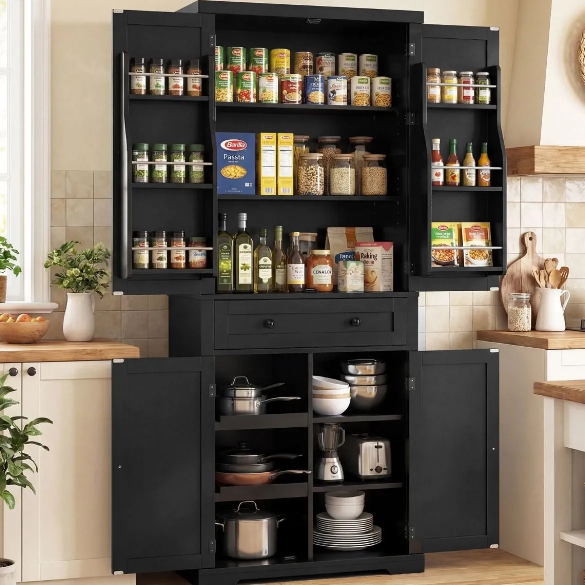 Küchenschrank mit 4 Verstellbaren Einlegeböden & Großer Schublade & 4 Türen Buffetschrank Schwarz