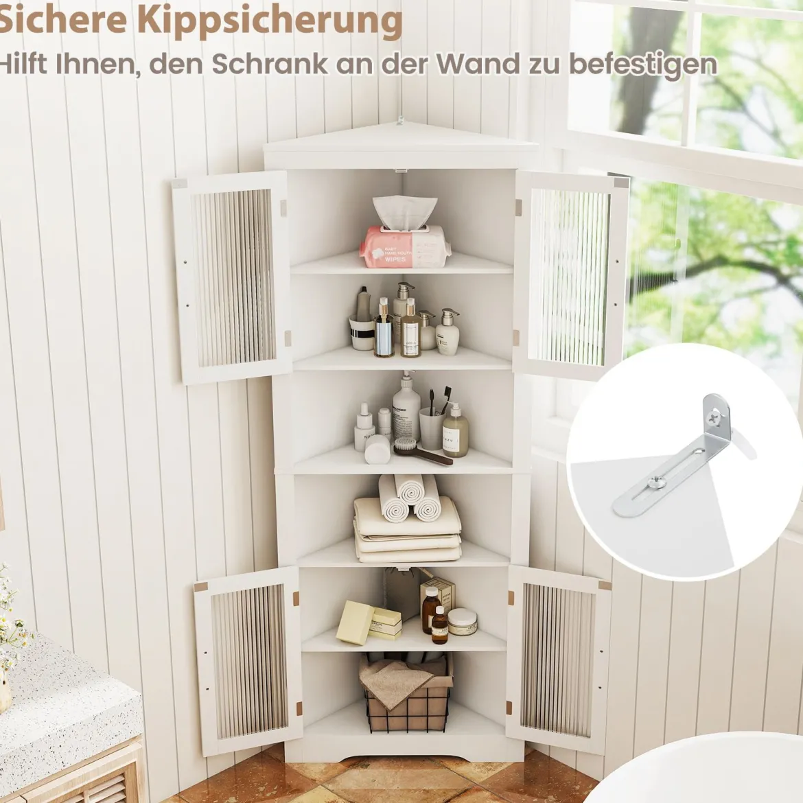 Küchenschrank schmal Eckschrank mit 4 Glastüren und 6 Ablagen 171 cm hoch dreieckiger Buffetschrank Weiß