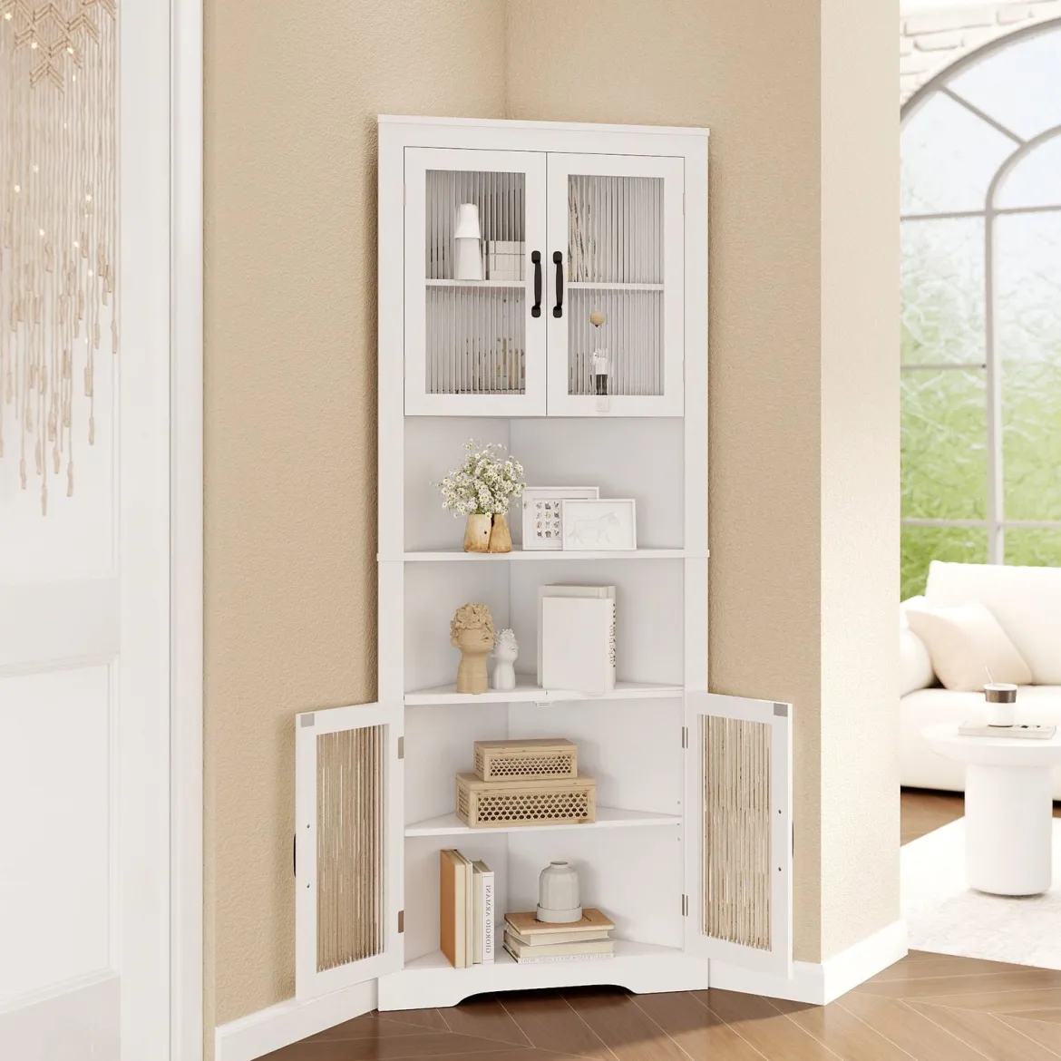 Küchenschrank schmal Eckschrank mit 4 Glastüren und 6 Ablagen 171 cm hoch dreieckiger Buffetschrank Weiß