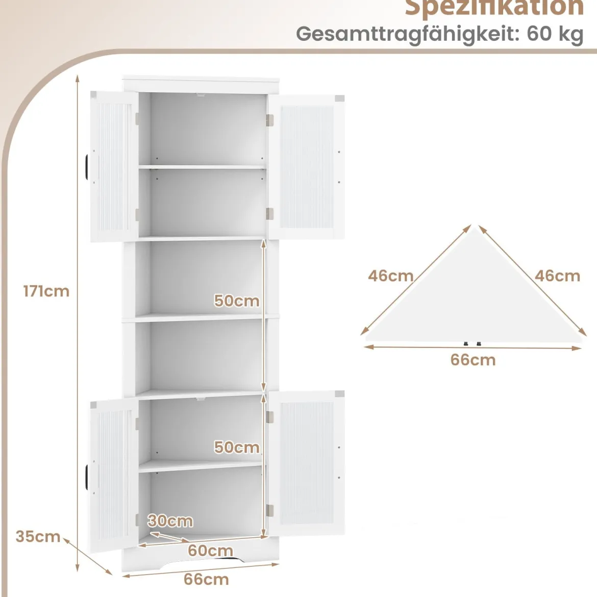 Küchenschrank schmal Eckschrank mit 4 Glastüren und 6 Ablagen 171 cm hoch dreieckiger Buffetschrank Weiß