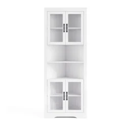 Küchenschrank schmal Eckschrank mit 4 Glastüren und 6 Ablagen 171 cm hoch dreieckiger Buffetschrank Weiß