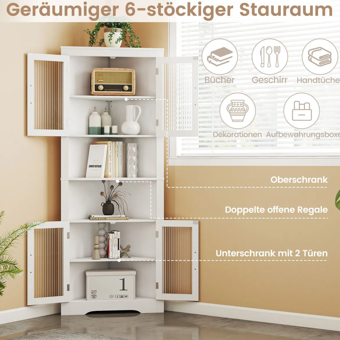 Küchenschrank schmal Eckschrank mit 4 Glastüren und 6 Ablagen 171 cm hoch dreieckiger Buffetschrank Weiß