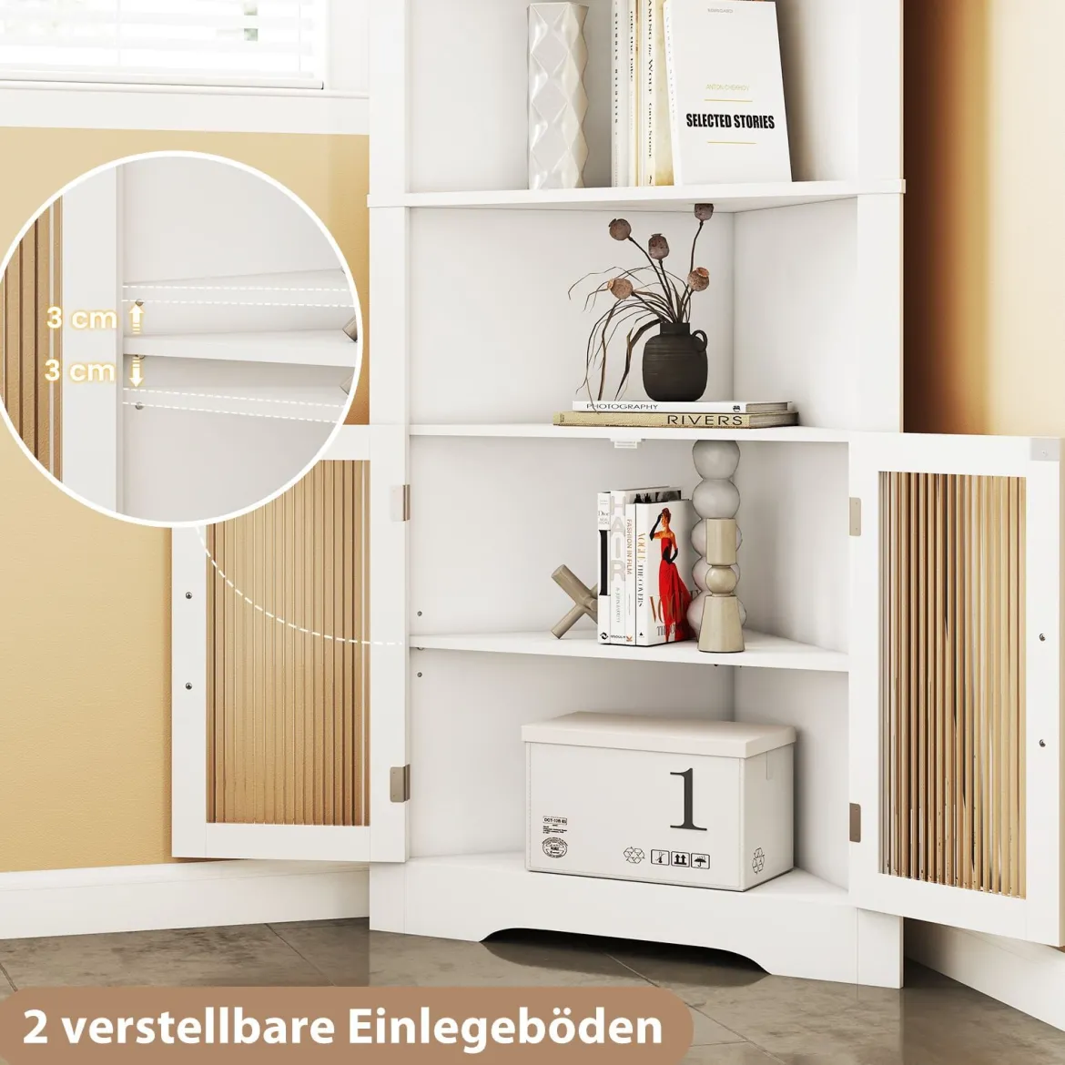 Küchenschrank schmal Eckschrank mit 4 Glastüren und 6 Ablagen 171 cm hoch dreieckiger Buffetschrank Weiß