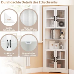 Küchenschrank schmal Eckschrank mit 4 Glastüren und 6 Ablagen 171 cm hoch dreieckiger Buffetschrank Weiß