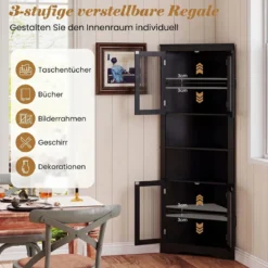 Küchenschrank schmal Eckschrank mit 4 Glastüren und 6 Ablagen 171 cm hoch dreieckiger Buffetschrank Schwarz