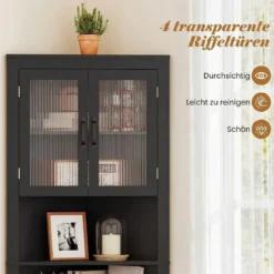 Küchenschrank schmal Eckschrank mit 4 Glastüren und 6 Ablagen 171 cm hoch dreieckiger Buffetschrank Schwarz