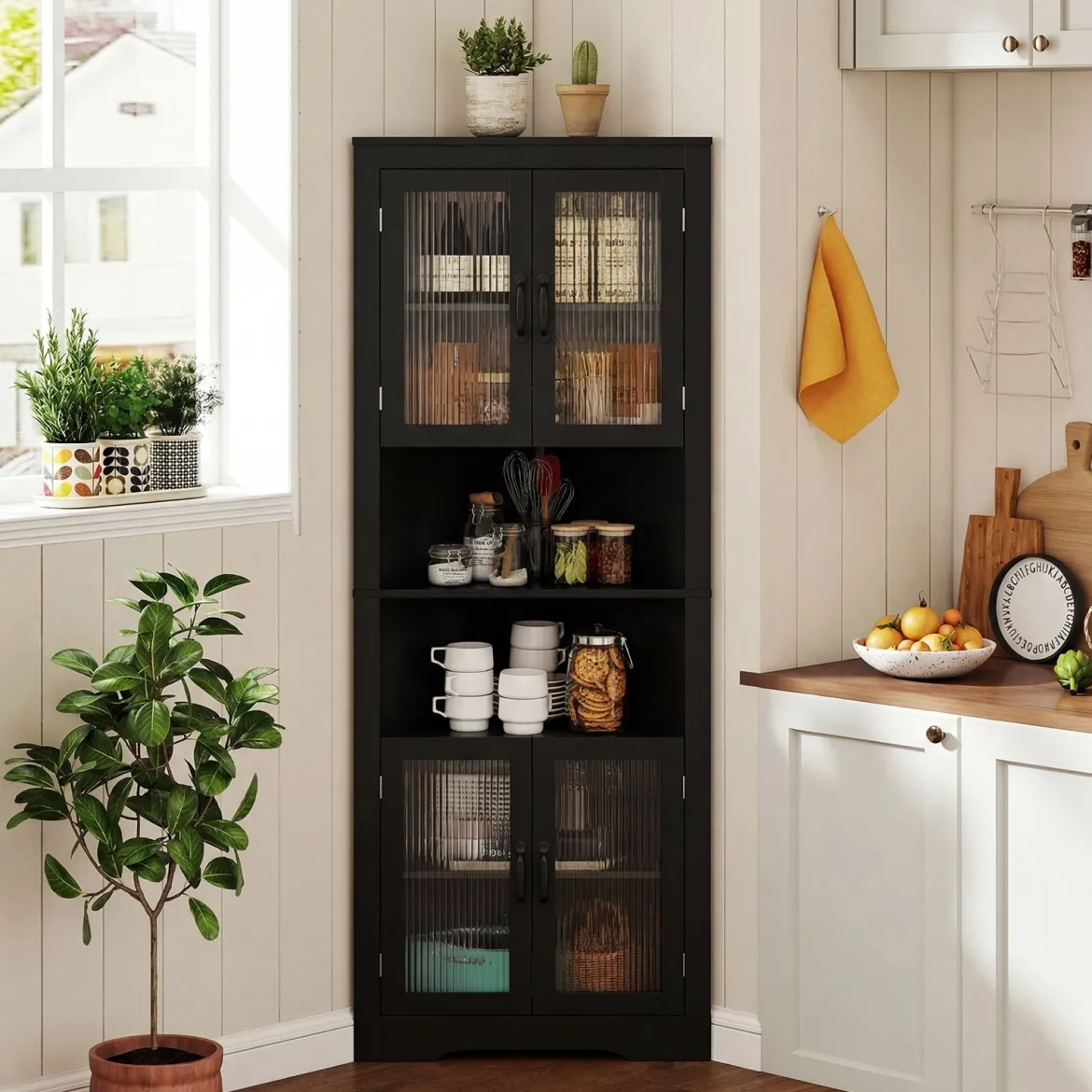 Küchenschrank schmal Eckschrank mit 4 Glastüren und 6 Ablagen 171 cm hoch dreieckiger Buffetschrank Schwarz
