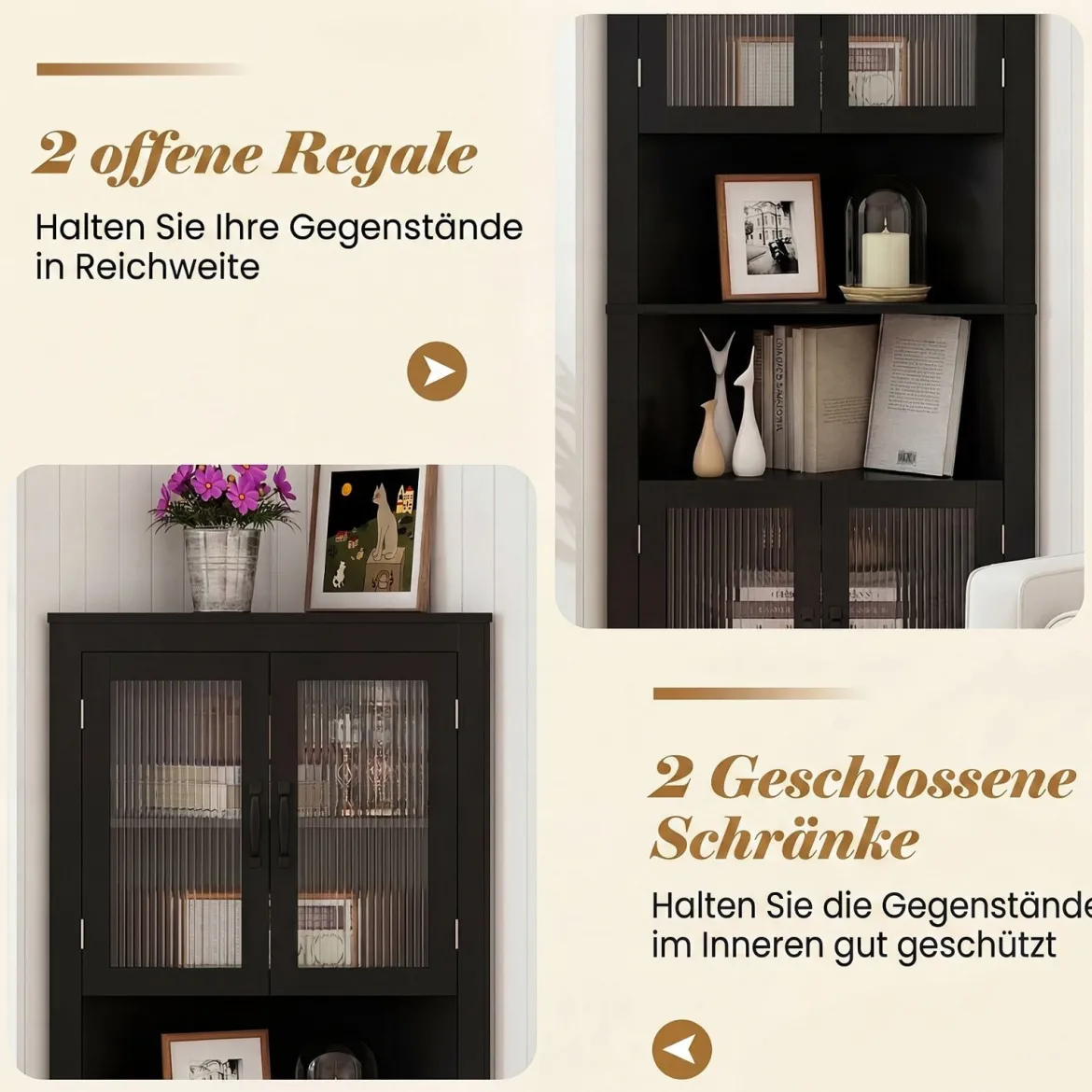 Küchenschrank schmal Eckschrank mit 4 Glastüren und 6 Ablagen 171 cm hoch dreieckiger Buffetschrank Schwarz