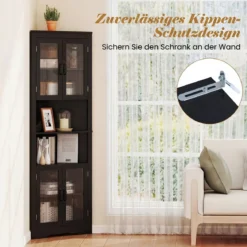 Küchenschrank schmal Eckschrank mit 4 Glastüren und 6 Ablagen 171 cm hoch dreieckiger Buffetschrank Schwarz