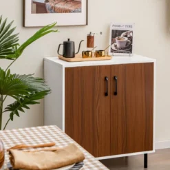 Küchen-Sideboard Buffetschrank aus Holz mit 2 Türen 72 x 40 x 80,5 cm Weiß + Walnuss