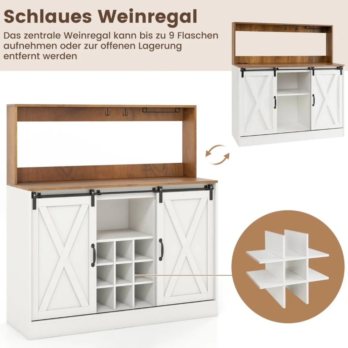 Küchen Sideboard im Farmhaus-Stil mit Ladestation & Weinregal & Glashaltern Weinschrank