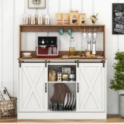 Küchen Sideboard im Farmhaus-Stil mit Ladestation & Weinregal & Glashaltern Weinschrank