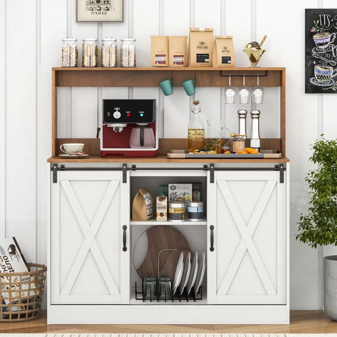 Küchen Sideboard im Farmhaus-Stil mit Ladestation & Weinregal & Glashaltern Weinschrank