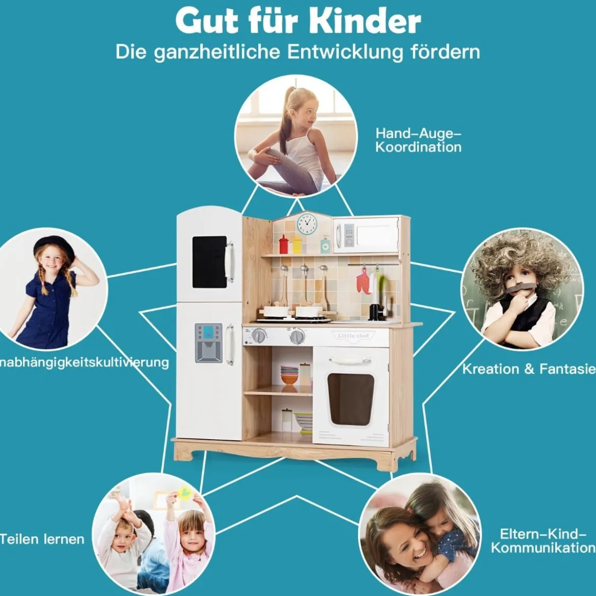 Küchen-Spielset für Kinder Kinderküche aus Holz 81 x 29 x 88,5 cm Weiß + Natur