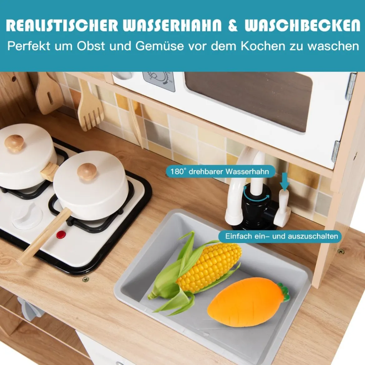 Küchen-Spielset für Kinder Kinderküche aus Holz 81 x 29 x 88,5 cm Weiß + Natur