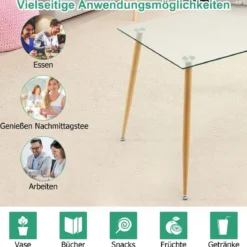 Küchentisch Moderner Esstisch mit Tischplatte aus Glas 110 x 70 x 75 cm Transparent + Natürlich