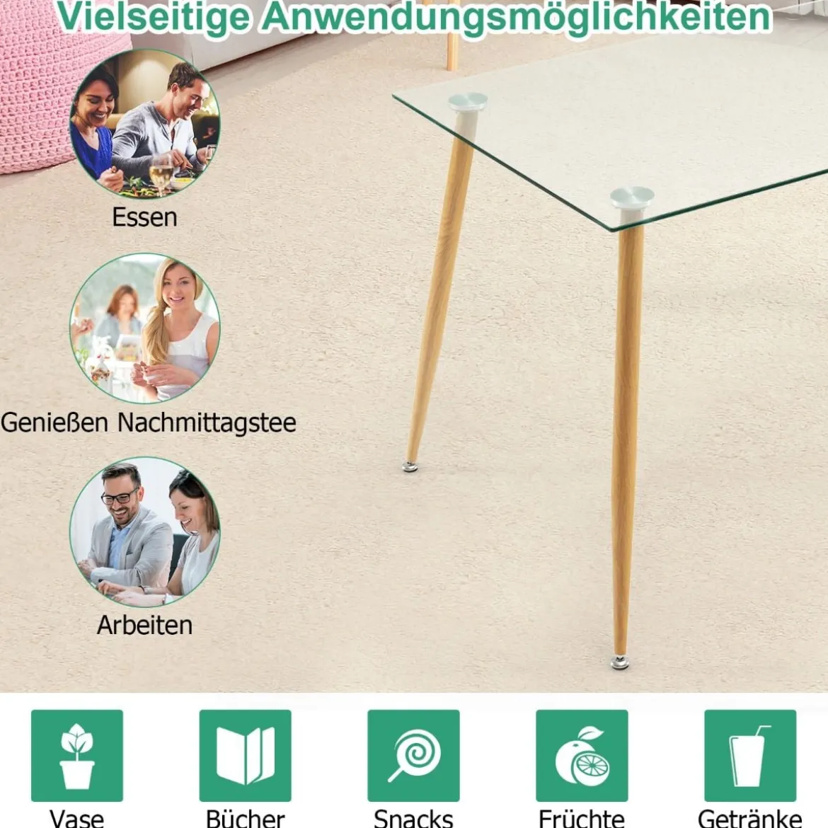 Küchentisch Moderner Esstisch mit Tischplatte aus Glas 110 x 70 x 75 cm Transparent + Natürlich