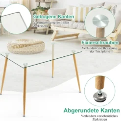 Küchentisch Moderner Esstisch mit Tischplatte aus Glas 110 x 70 x 75 cm Transparent + Natürlich