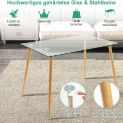 Küchentisch Moderner Esstisch mit Tischplatte aus Glas 110 x 70 x 75 cm Transparent + Natürlich