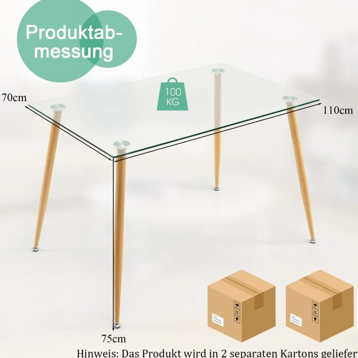 Küchentisch Moderner Esstisch mit Tischplatte aus Glas 110 x 70 x 75 cm Transparent + Natürlich