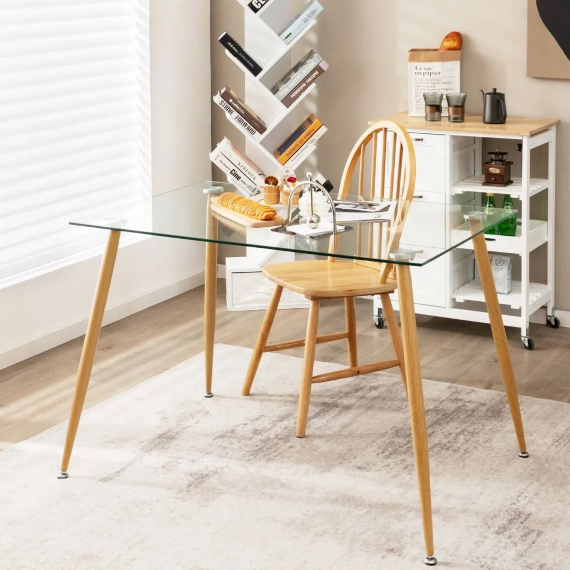 Küchentisch Moderner Esstisch mit Tischplatte aus Glas 110 x 70 x 75 cm Transparent + Natürlich