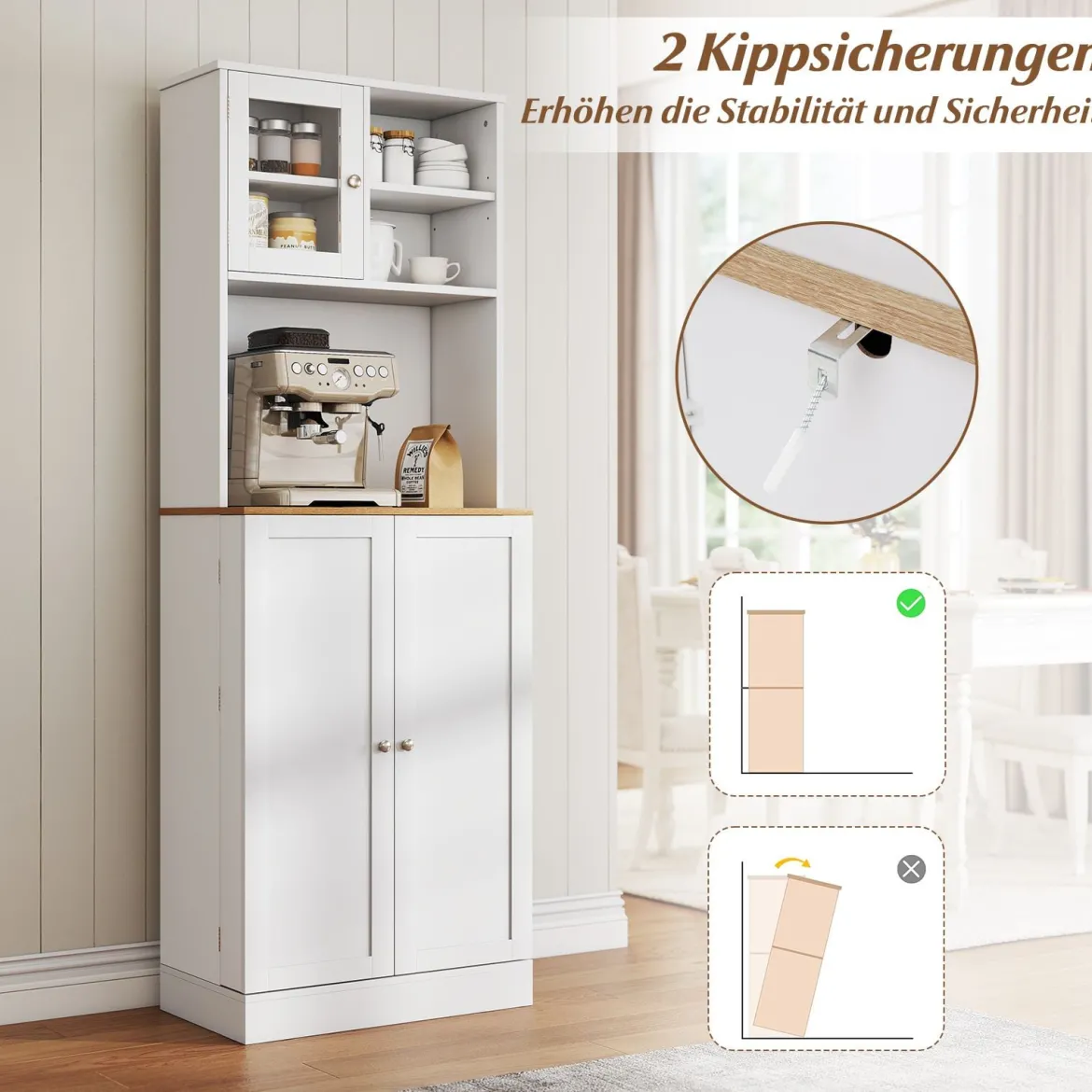 Küchen-Vorratsschrank 170 cm Holzschrank mit Mikrowellenregal 8 Türregale & 5 verstellbare Regale Weiß